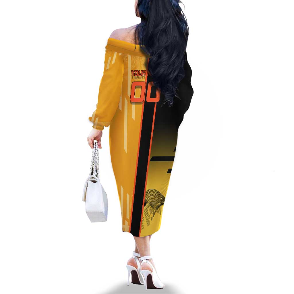 Personalized Rengoku Anime Badminton Theme Family Matching Off The Shoulder Long Sleeve Dress and Hawaiian Shirt with Racket Action Pose and Fiery Yellow Black Graphic Design