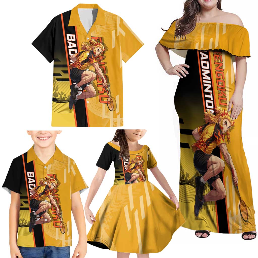 Personalized Rengoku Anime Badminton Theme Family Matching Off Shoulder Maxi Dress and Hawaiian Shirt with Racket Action Pose and Fiery Yellow Black Graphic Design