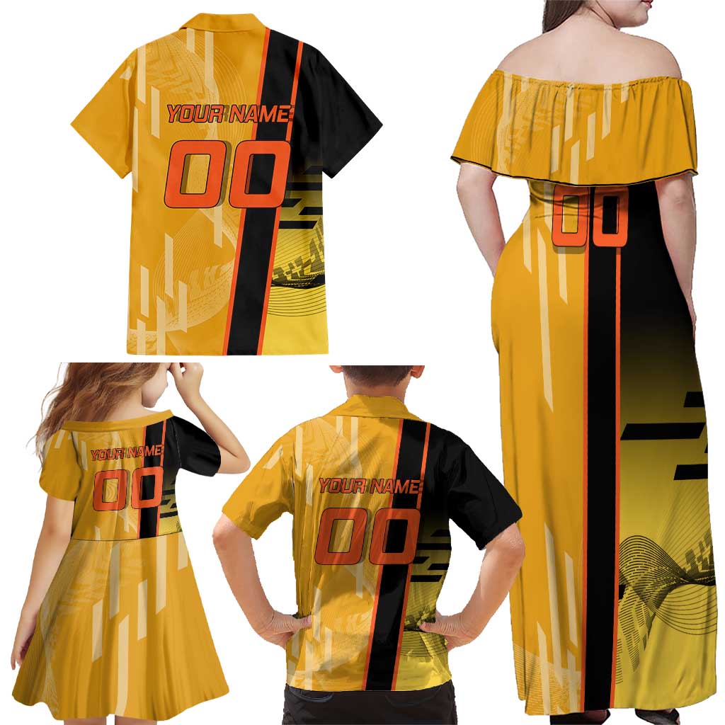 Personalized Rengoku Anime Badminton Theme Family Matching Off Shoulder Maxi Dress and Hawaiian Shirt with Racket Action Pose and Fiery Yellow Black Graphic Design