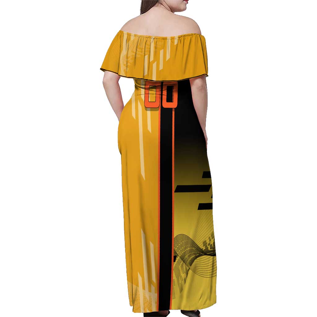 Personalized Rengoku Anime Badminton Theme Family Matching Off Shoulder Maxi Dress and Hawaiian Shirt with Racket Action Pose and Fiery Yellow Black Graphic Design