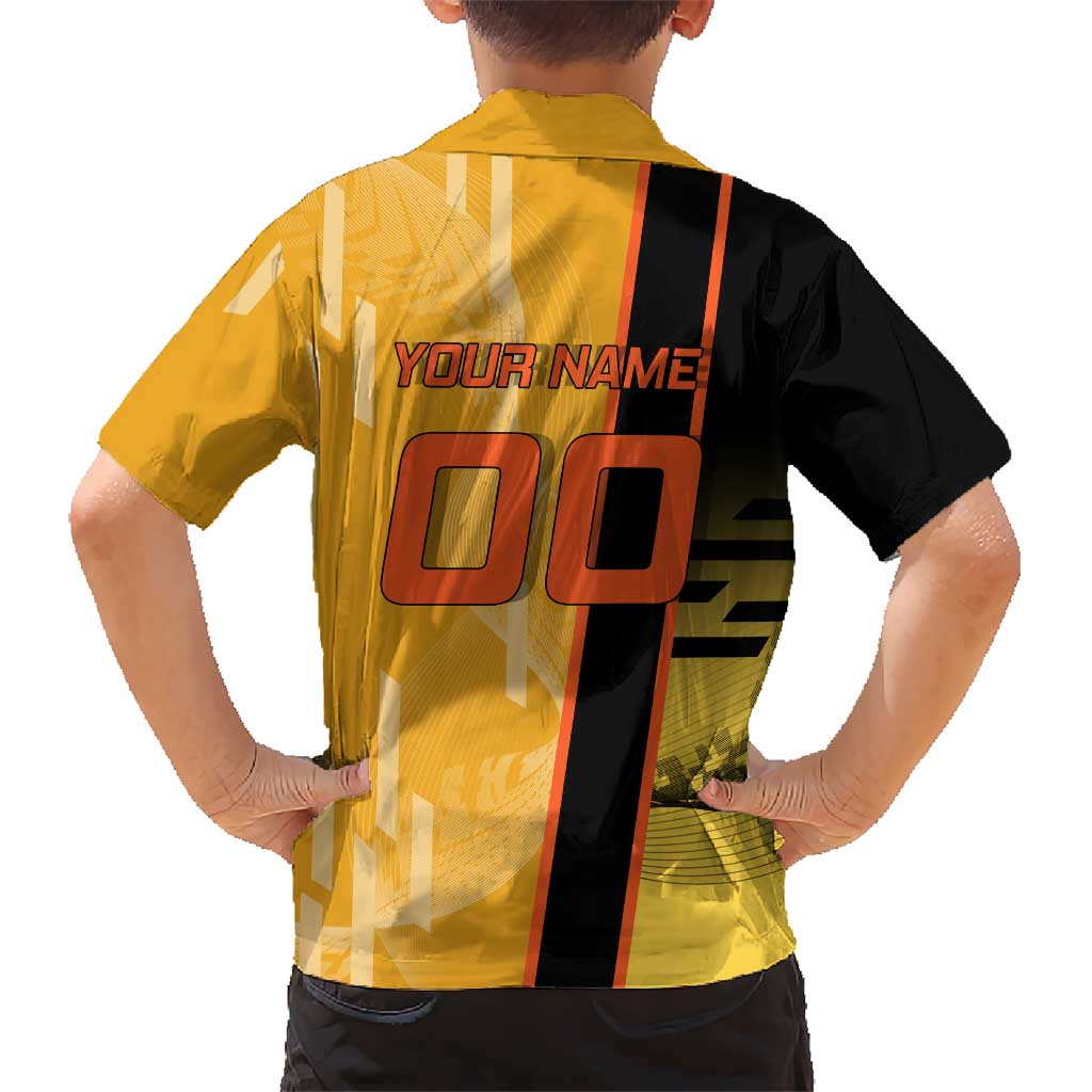 Personalized Rengoku Anime Badminton Theme Family Matching Off Shoulder Short Dress and Hawaiian Shirt with Racket Action Pose and Fiery Yellow Black Graphic Design