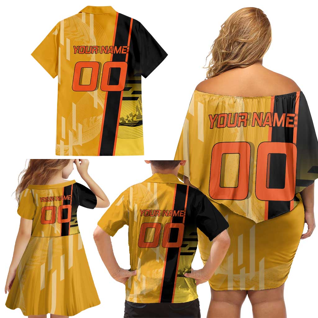 Personalized Rengoku Anime Badminton Theme Family Matching Off Shoulder Short Dress and Hawaiian Shirt with Racket Action Pose and Fiery Yellow Black Graphic Design