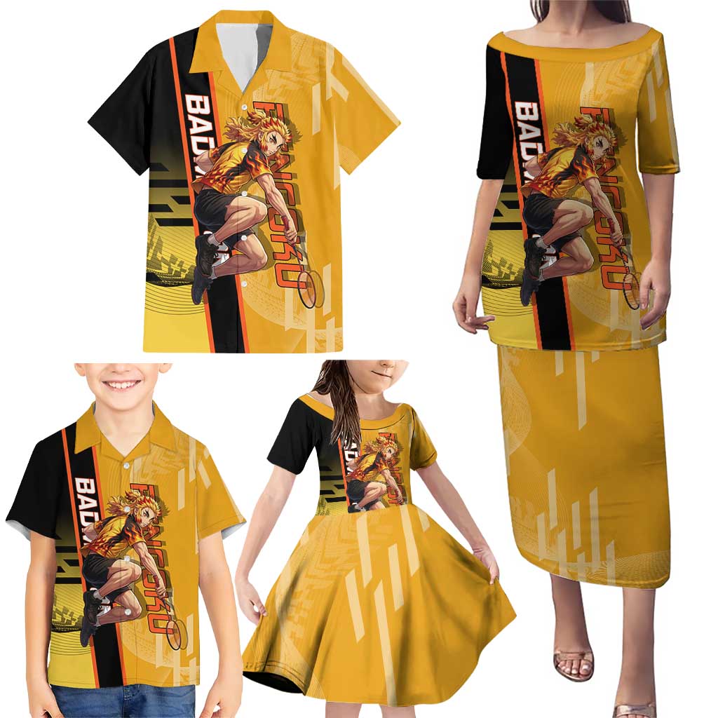Personalized Rengoku Anime Badminton Theme Family Matching Puletasi and Hawaiian Shirt with Racket Action Pose and Fiery Yellow Black Graphic Design