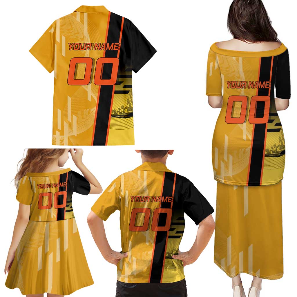 Personalized Rengoku Anime Badminton Theme Family Matching Puletasi and Hawaiian Shirt with Racket Action Pose and Fiery Yellow Black Graphic Design