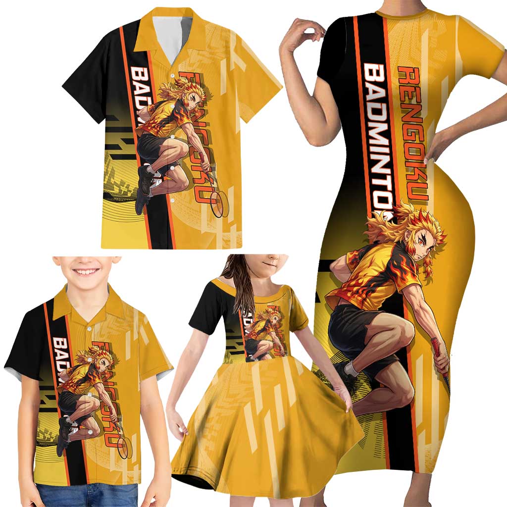 Personalized Rengoku Anime Badminton Theme Family Matching Short Sleeve Bodycon Dress and Hawaiian Shirt with Racket Action Pose and Fiery Yellow Black Graphic Design