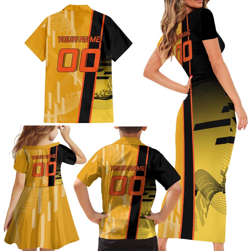 Personalized Rengoku Anime Badminton Theme Family Matching Short Sleeve Bodycon Dress and Hawaiian Shirt with Racket Action Pose and Fiery Yellow Black Graphic Design