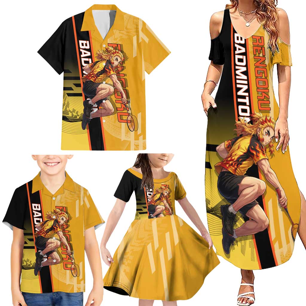 Personalized Rengoku Anime Badminton Theme Family Matching Summer Maxi Dress and Hawaiian Shirt with Racket Action Pose and Fiery Yellow Black Graphic Design