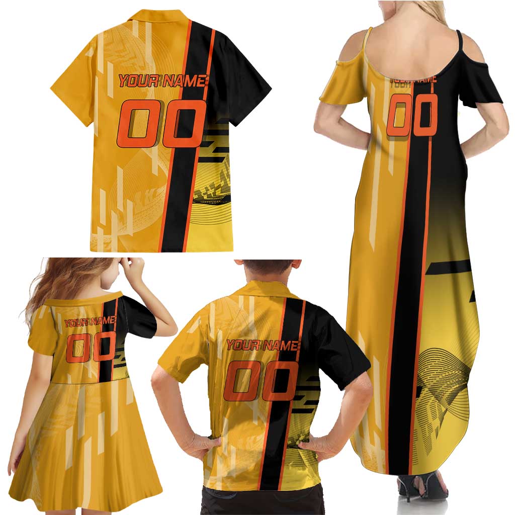 Personalized Rengoku Anime Badminton Theme Family Matching Summer Maxi Dress and Hawaiian Shirt with Racket Action Pose and Fiery Yellow Black Graphic Design