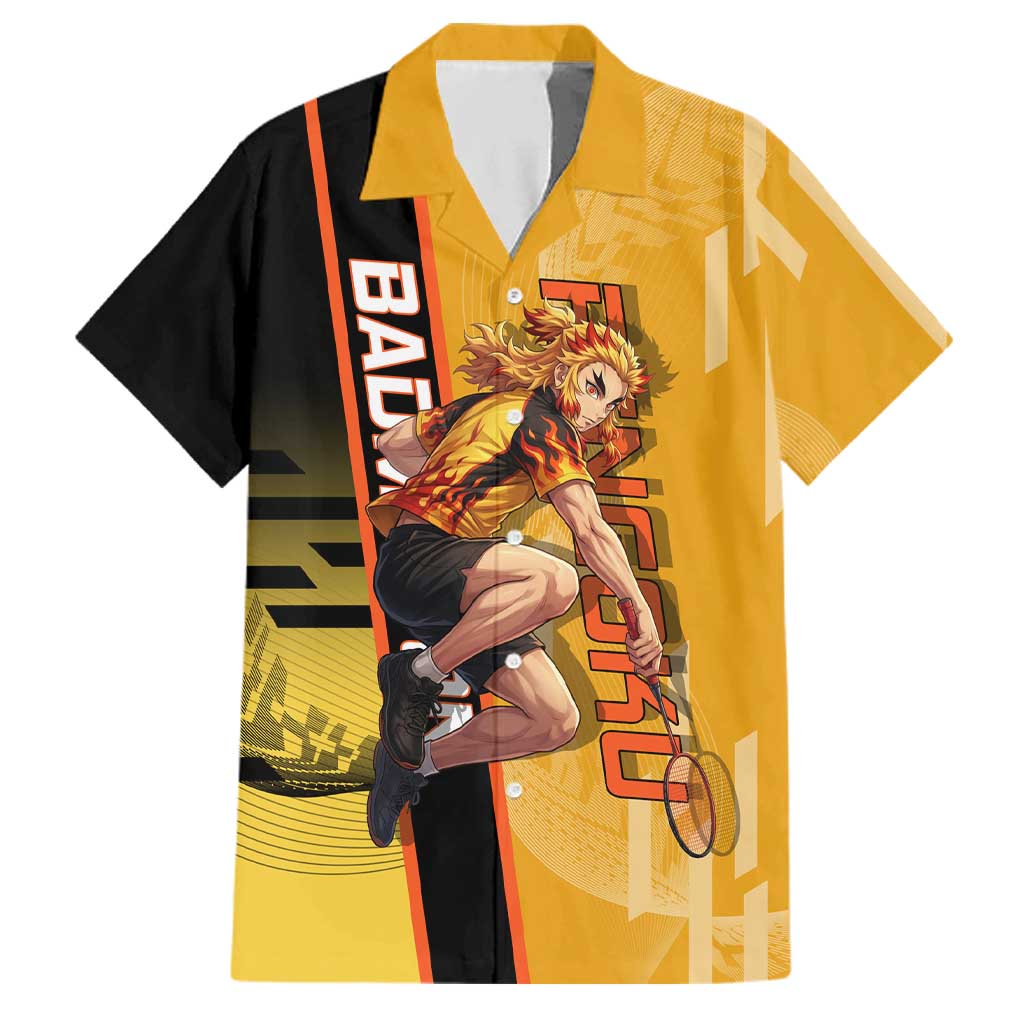 Personalized Rengoku Anime Badminton Theme Family Matching Summer Maxi Dress and Hawaiian Shirt with Racket Action Pose and Fiery Yellow Black Graphic Design