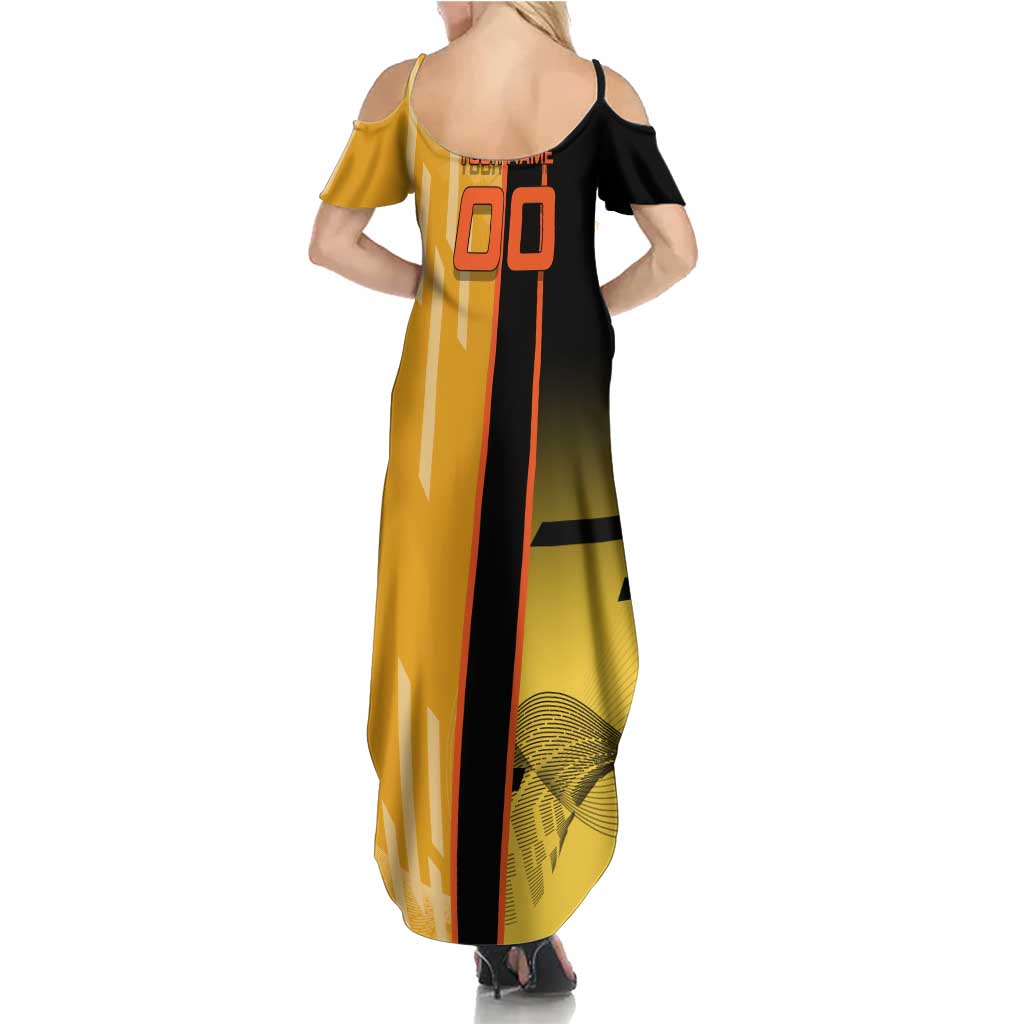 Personalized Rengoku Anime Badminton Theme Family Matching Summer Maxi Dress and Hawaiian Shirt with Racket Action Pose and Fiery Yellow Black Graphic Design