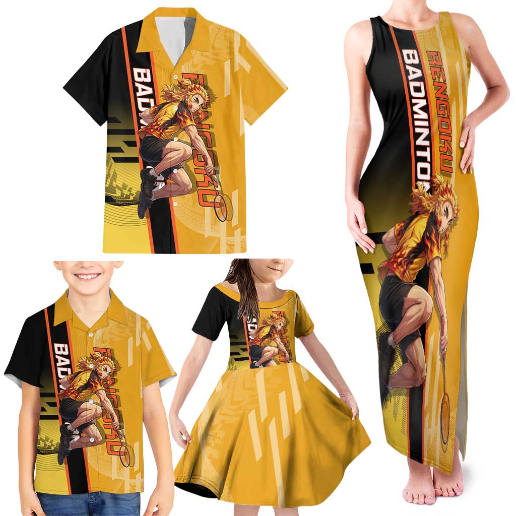 Personalized Rengoku Anime Badminton Theme Family Matching Tank Maxi Dress and Hawaiian Shirt with Racket Action Pose and Fiery Yellow Black Graphic Design