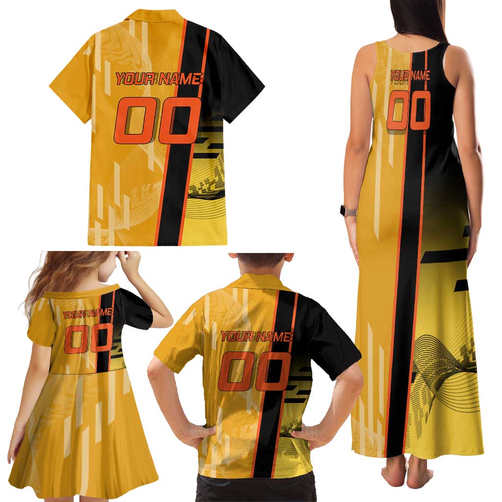 Personalized Rengoku Anime Badminton Theme Family Matching Tank Maxi Dress and Hawaiian Shirt with Racket Action Pose and Fiery Yellow Black Graphic Design