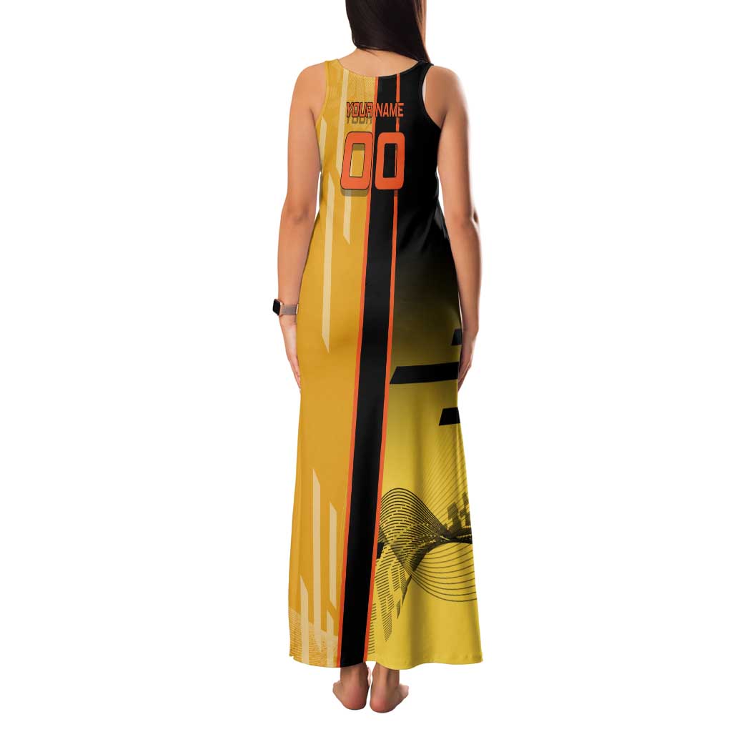 Personalized Rengoku Anime Badminton Theme Family Matching Tank Maxi Dress and Hawaiian Shirt with Racket Action Pose and Fiery Yellow Black Graphic Design