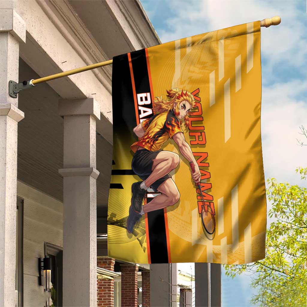 Personalized Rengoku Anime Badminton Theme Garden Flag with Racket Action Pose and Fiery Yellow Black Graphic Design - The Mazicc