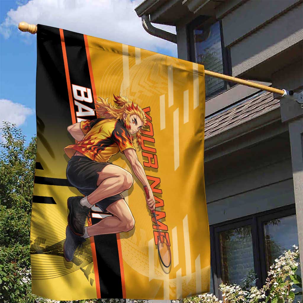Personalized Rengoku Anime Badminton Theme Garden Flag with Racket Action Pose and Fiery Yellow Black Graphic Design - The Mazicc