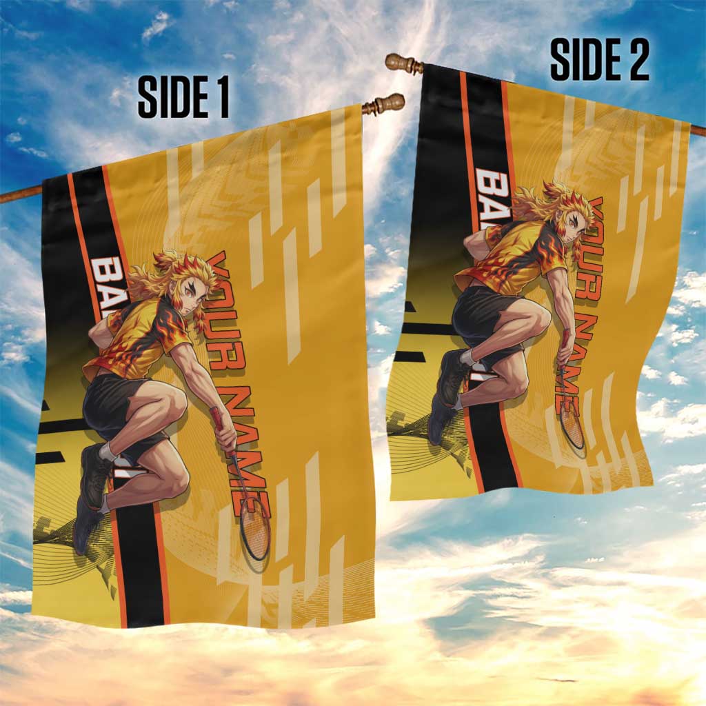 Personalized Rengoku Anime Badminton Theme Garden Flag with Racket Action Pose and Fiery Yellow Black Graphic Design - The Mazicc