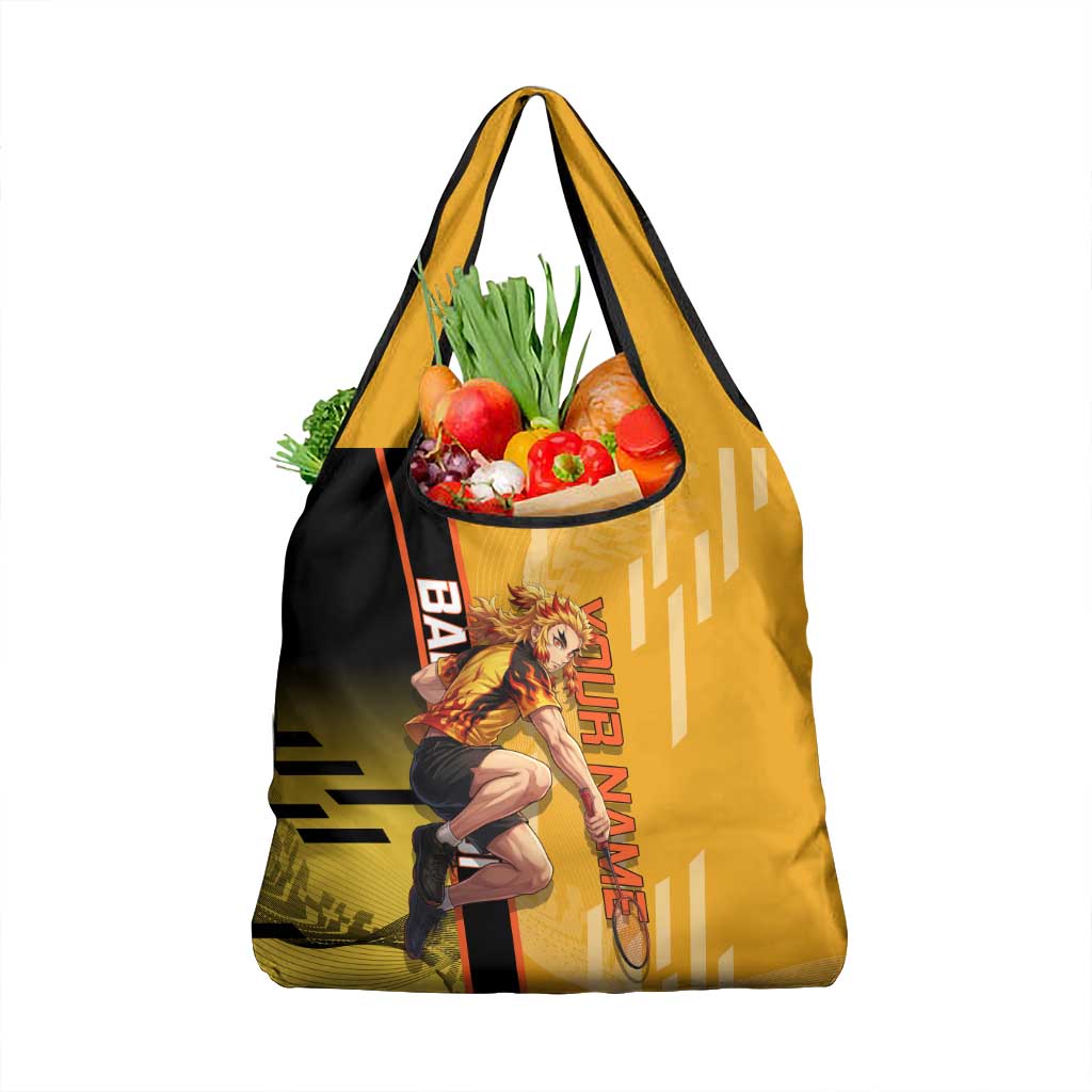 Personalized Rengoku Anime Badminton Theme Grocery Bag with Racket Action Pose and Fiery Yellow Black Graphic Design - The Mazicc