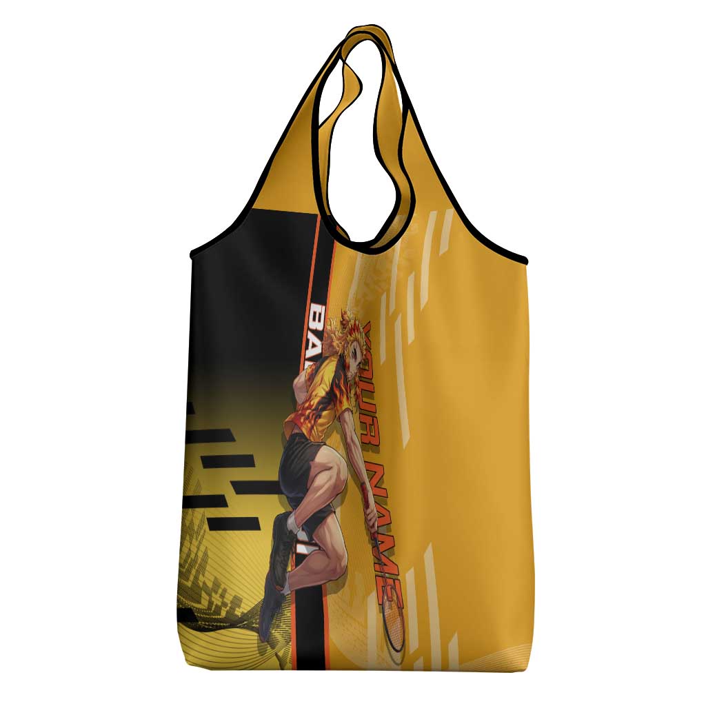 Personalized Rengoku Anime Badminton Theme Grocery Bag with Racket Action Pose and Fiery Yellow Black Graphic Design - The Mazicc