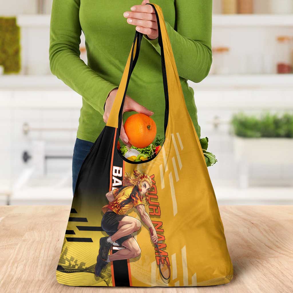 Personalized Rengoku Anime Badminton Theme Grocery Bag with Racket Action Pose and Fiery Yellow Black Graphic Design - The Mazicc