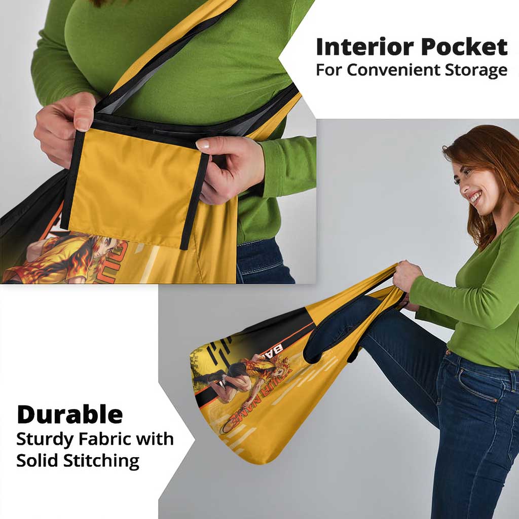 Personalized Rengoku Anime Badminton Theme Grocery Bag with Racket Action Pose and Fiery Yellow Black Graphic Design - The Mazicc