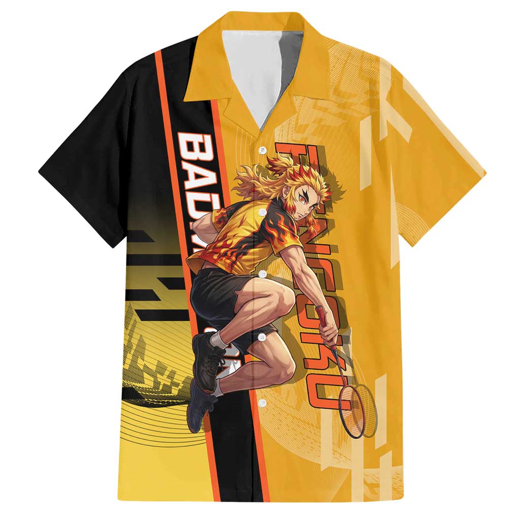 Personalized Rengoku Anime Badminton Theme Hawaiian Shirt with Racket Action Pose and Fiery Yellow Black Graphic Design - The Mazicc