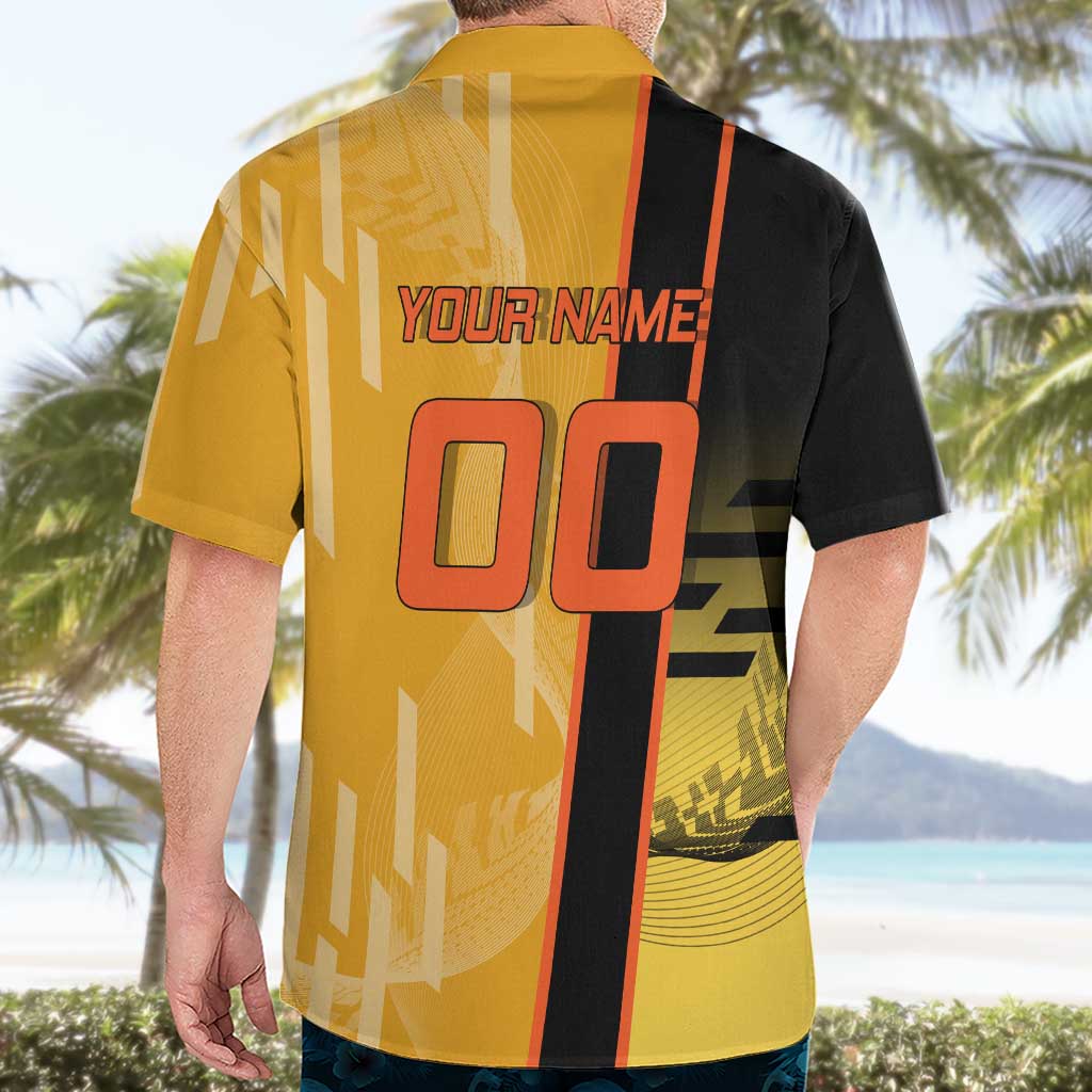 Personalized Rengoku Anime Badminton Theme Hawaiian Shirt with Racket Action Pose and Fiery Yellow Black Graphic Design - The Mazicc
