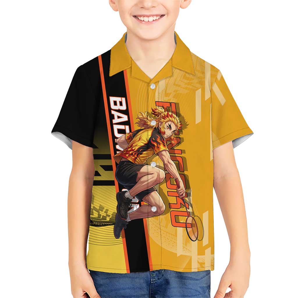 Personalized Rengoku Anime Badminton Theme Hawaiian Shirt with Racket Action Pose and Fiery Yellow Black Graphic Design - The Mazicc
