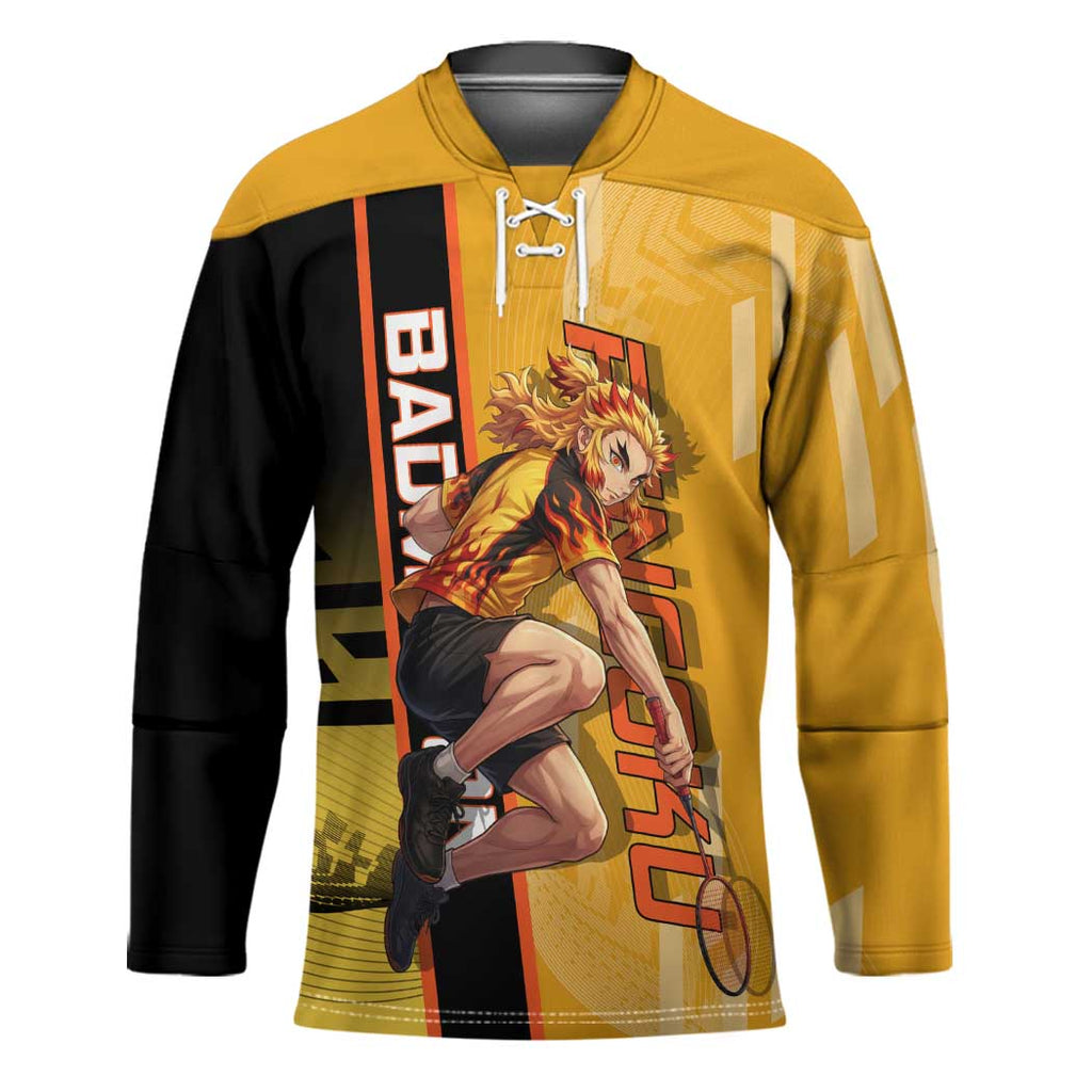 Personalized Rengoku Anime Badminton Theme Hockey Jersey with Racket Action Pose and Fiery Yellow Black Graphic Design - The Mazicc