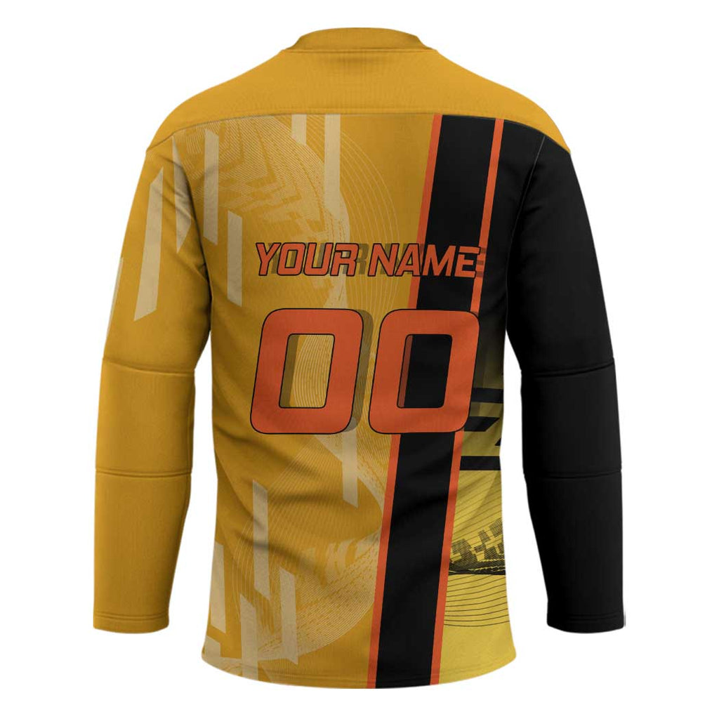 Personalized Rengoku Anime Badminton Theme Hockey Jersey with Racket Action Pose and Fiery Yellow Black Graphic Design - The Mazicc