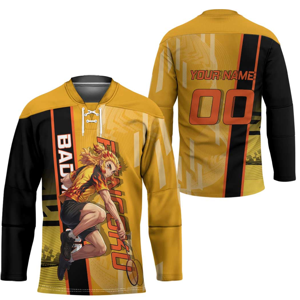 Personalized Rengoku Anime Badminton Theme Hockey Jersey with Racket Action Pose and Fiery Yellow Black Graphic Design - The Mazicc