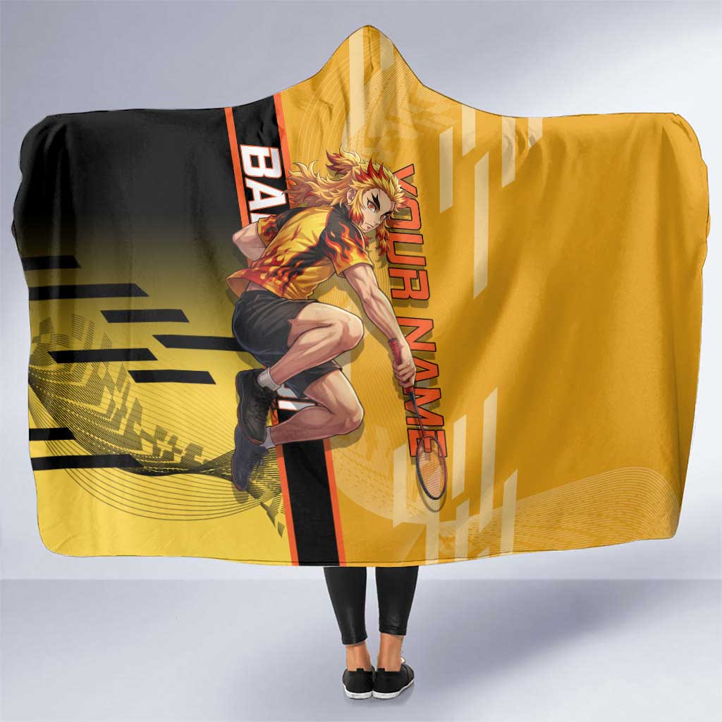 Personalized Rengoku Anime Badminton Theme Hooded Blanket with Racket Action Pose and Fiery Yellow Black Graphic Design - The Mazicc