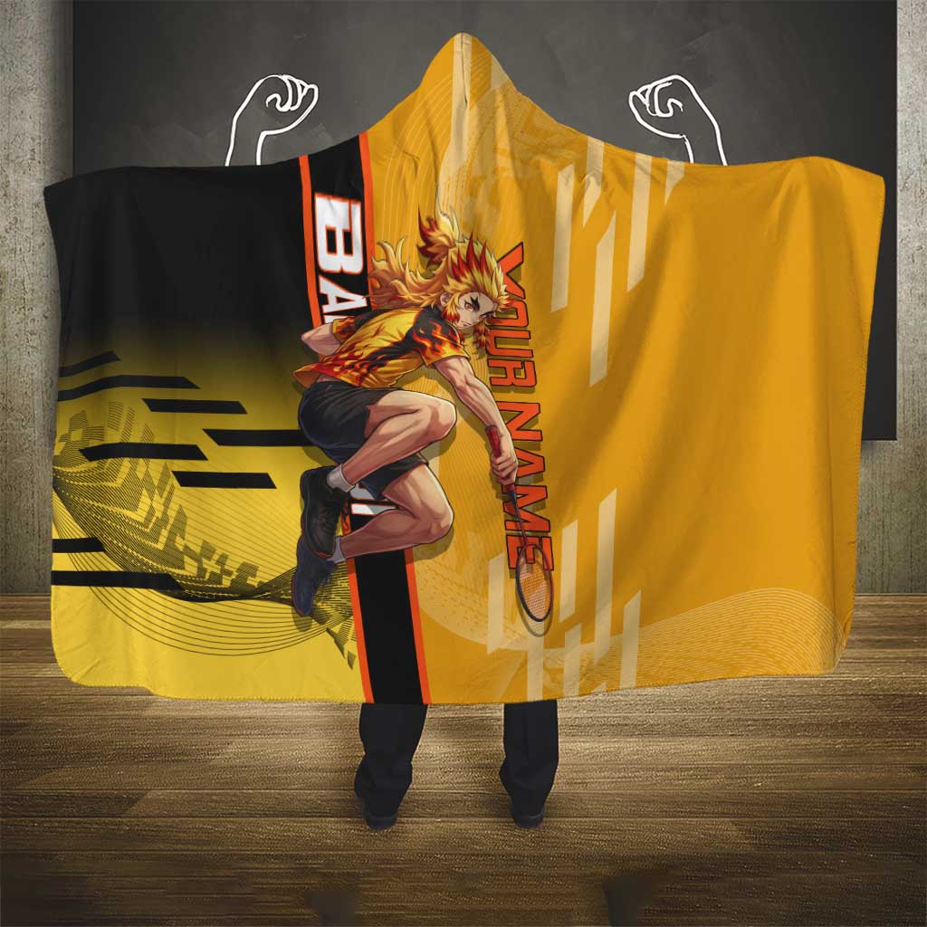 Personalized Rengoku Anime Badminton Theme Hooded Blanket with Racket Action Pose and Fiery Yellow Black Graphic Design - The Mazicc