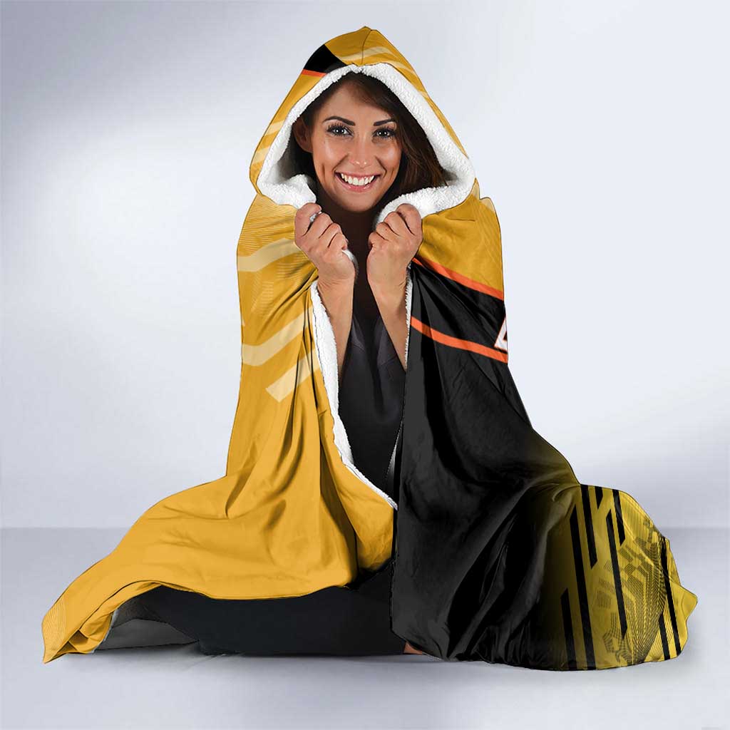 Personalized Rengoku Anime Badminton Theme Hooded Blanket with Racket Action Pose and Fiery Yellow Black Graphic Design - The Mazicc