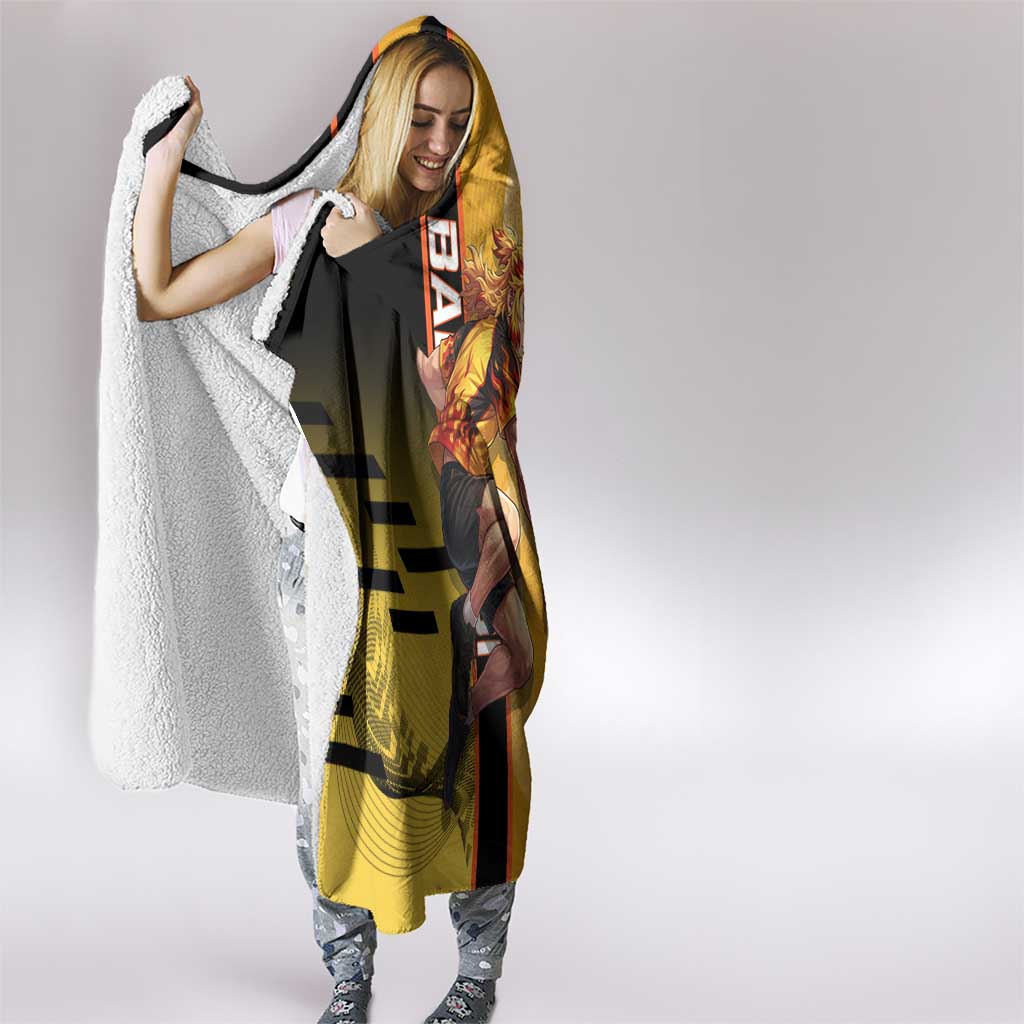 Personalized Rengoku Anime Badminton Theme Hooded Blanket with Racket Action Pose and Fiery Yellow Black Graphic Design - The Mazicc