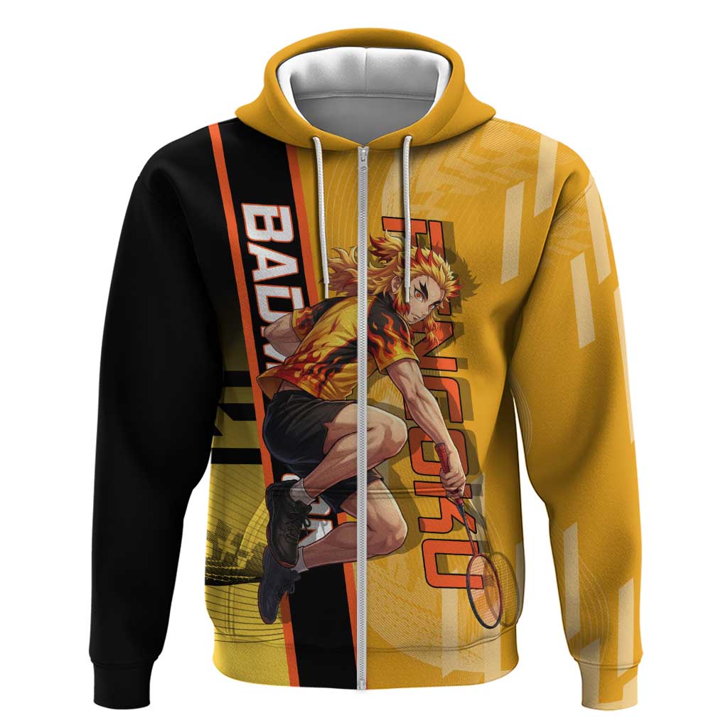 Personalized Rengoku Anime Badminton Theme Hoodie with Racket Action Pose and Fiery Yellow Black Graphic Design - The Mazicc