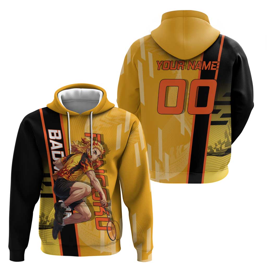 Personalized Rengoku Anime Badminton Theme Hoodie with Racket Action Pose and Fiery Yellow Black Graphic Design - The Mazicc