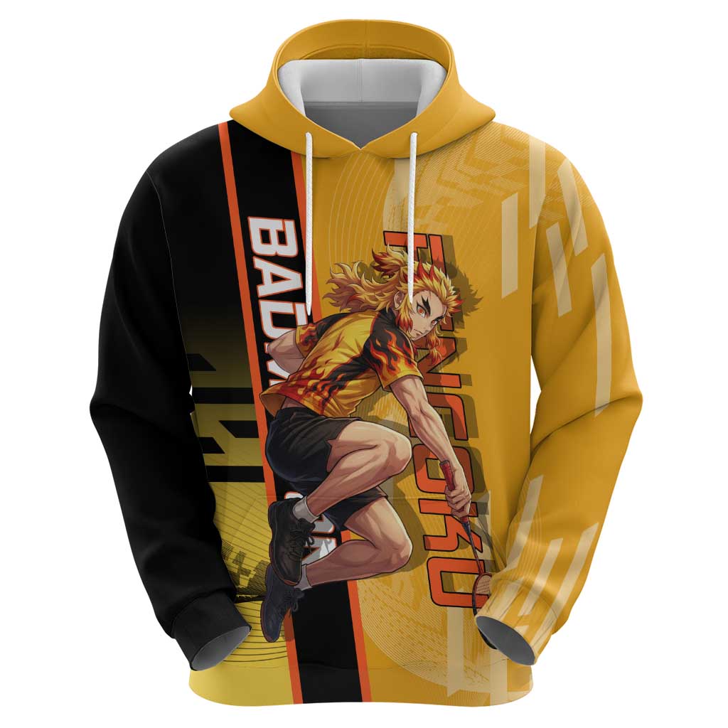 Personalized Rengoku Anime Badminton Theme Hoodie with Racket Action Pose and Fiery Yellow Black Graphic Design - The Mazicc