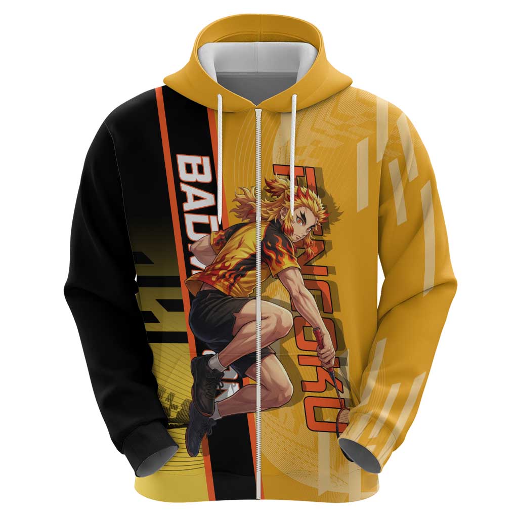 Personalized Rengoku Anime Badminton Theme Hoodie with Racket Action Pose and Fiery Yellow Black Graphic Design - The Mazicc