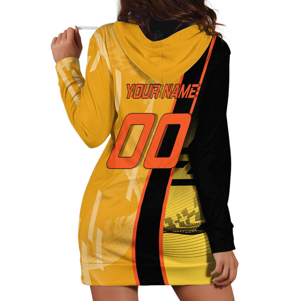 Personalized Rengoku Anime Badminton Theme Hoodie Dress with Racket Action Pose and Fiery Yellow Black Graphic Design - The Mazicc