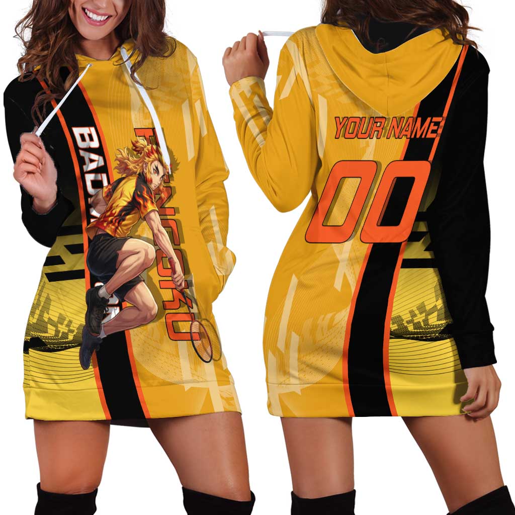 Personalized Rengoku Anime Badminton Theme Hoodie Dress with Racket Action Pose and Fiery Yellow Black Graphic Design - The Mazicc