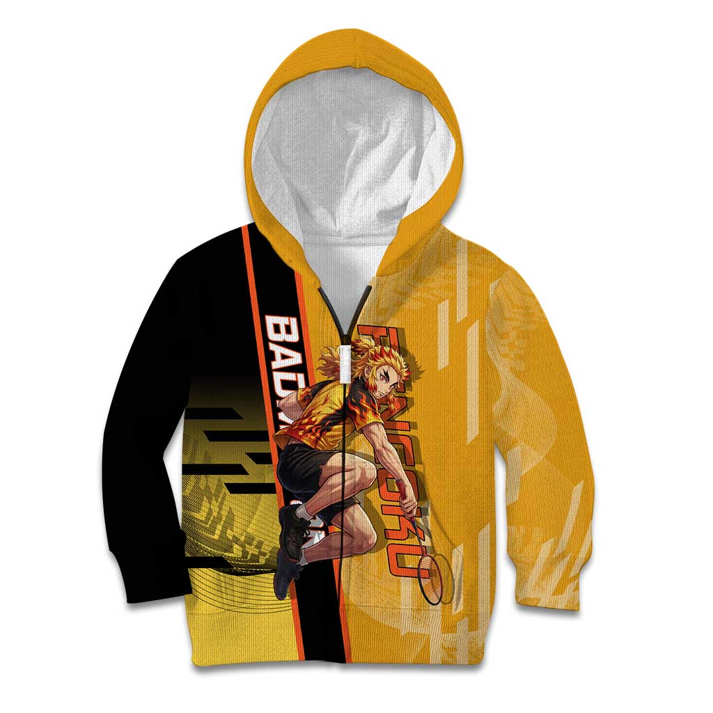 Personalized Rengoku Anime Badminton Theme Kid Hoodie with Racket Action Pose and Fiery Yellow Black Graphic Design - The Mazicc
