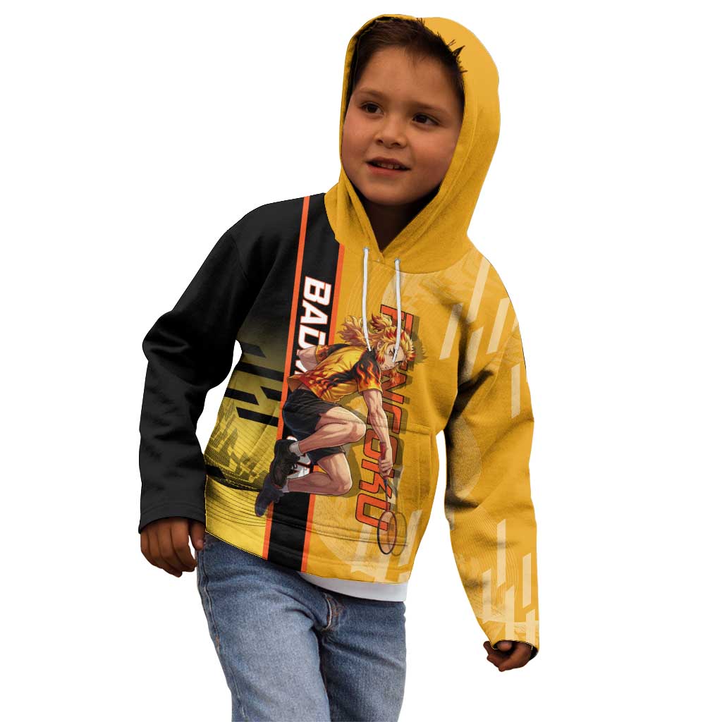 Personalized Rengoku Anime Badminton Theme Kid Hoodie with Racket Action Pose and Fiery Yellow Black Graphic Design - The Mazicc