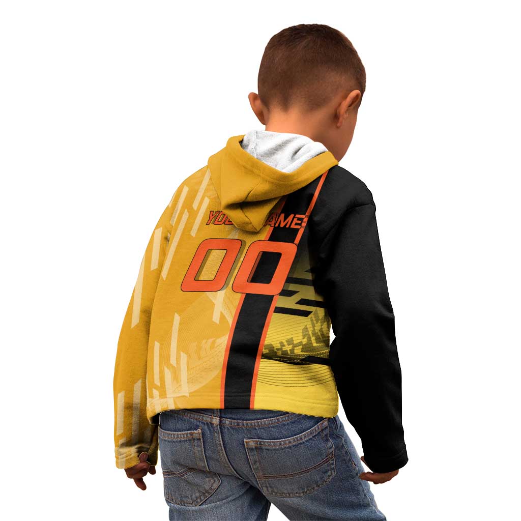 Personalized Rengoku Anime Badminton Theme Kid Hoodie with Racket Action Pose and Fiery Yellow Black Graphic Design - The Mazicc