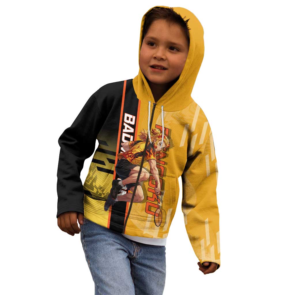 Personalized Rengoku Anime Badminton Theme Kid Hoodie with Racket Action Pose and Fiery Yellow Black Graphic Design - The Mazicc