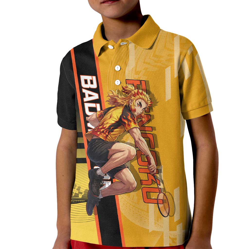 Personalized Rengoku Anime Badminton Theme Kid Polo Shirt with Racket Action Pose and Fiery Yellow Black Graphic Design - The Mazicc
