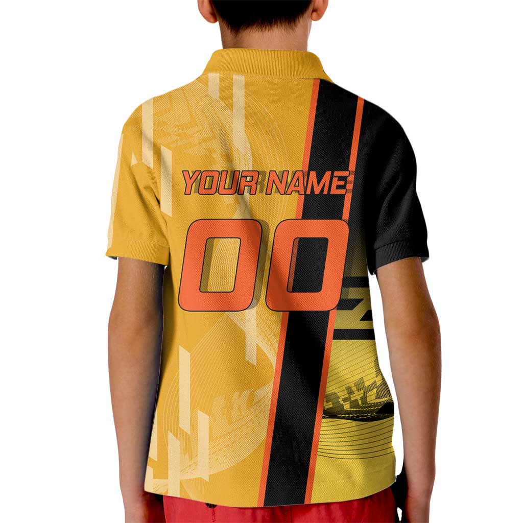 Personalized Rengoku Anime Badminton Theme Kid Polo Shirt with Racket Action Pose and Fiery Yellow Black Graphic Design - The Mazicc