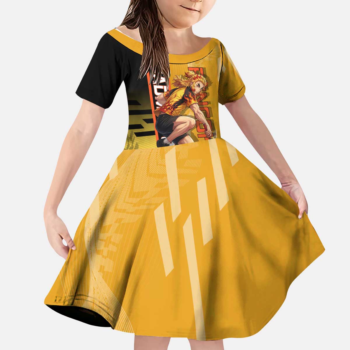 Personalized Rengoku Anime Badminton Theme Kid Short Sleeve Dress with Racket Action Pose and Fiery Yellow Black Graphic Design - The Mazicc