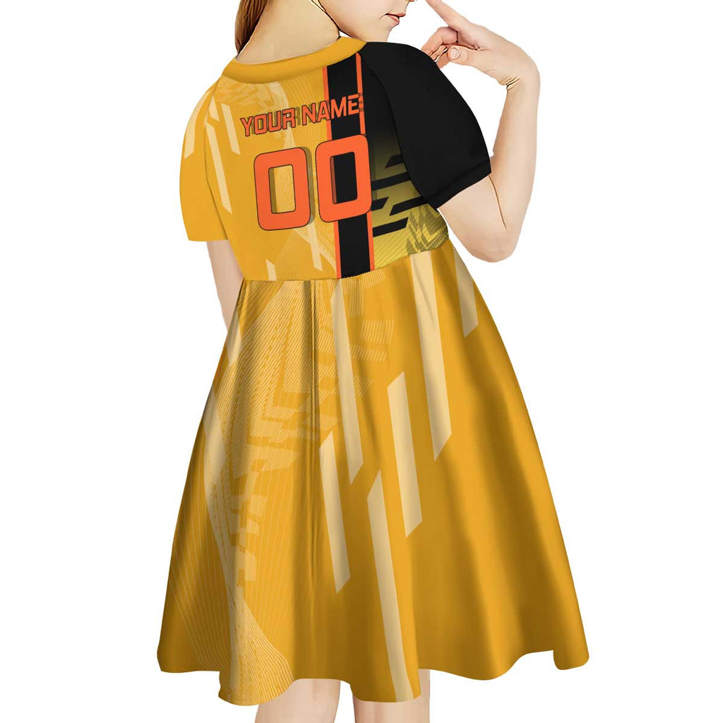 Personalized Rengoku Anime Badminton Theme Kid Short Sleeve Dress with Racket Action Pose and Fiery Yellow Black Graphic Design - The Mazicc