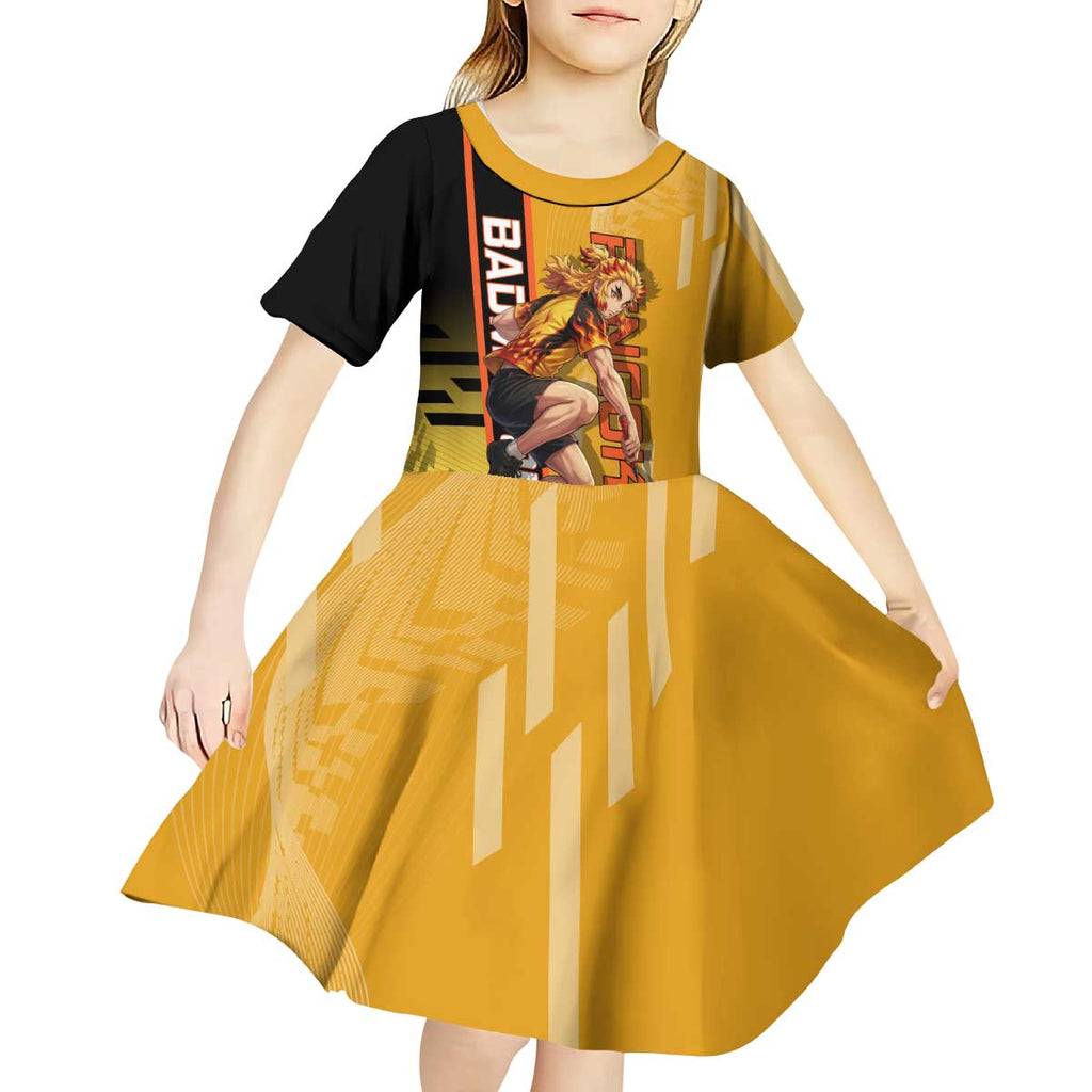 Personalized Rengoku Anime Badminton Theme Kid Short Sleeve Dress with Racket Action Pose and Fiery Yellow Black Graphic Design - The Mazicc
