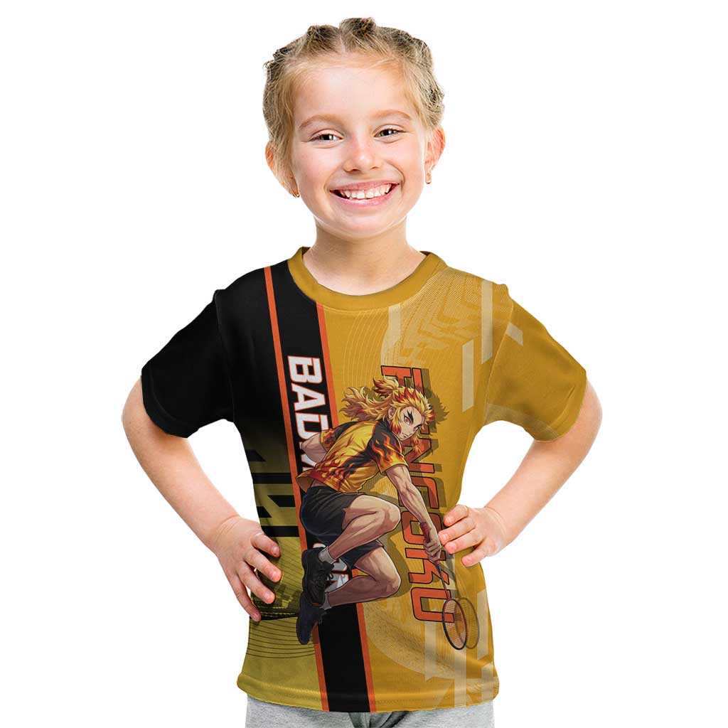 Personalized Rengoku Anime Badminton Theme Kid T Shirt with Racket Action Pose and Fiery Yellow Black Graphic Design - The Mazicc
